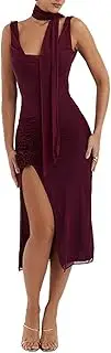 [JIELIPU] Women's Sexy mesh Patchwork Swing Neck Halter Split Open Backpack Hip Skirt