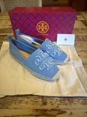 Tory Burch Women's Double T Denim Espadrilles Sz 7.5 With Box & & Dust Bag New