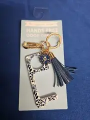 Hands Free Door Opener Keychain, NEW. Blue And White, Leaf Design.