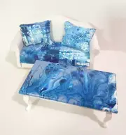 Dollhouse 1:12 scale Coffee Table + couch with pillows. Blue + white pattern.