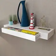 White MDF Floating Wall Display Shelf with Drawer Book/DVD Storage and Picture Display Rack Hanging Shelf for Bedroom Living Room Kitchen Home Office Wall Shelves for Home Décor.