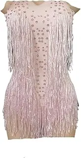 [Generic] Sparkly Bodysuit Women Party Dance Costume Stage Wear Tassel Leotard Performance Clothing(Pink,S-M)