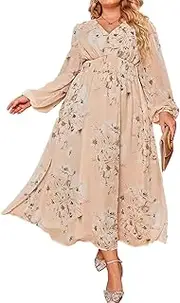 [Simplee Apparel] Simplee Women's Plus Size Wedding Guest Dress Short Sleeve Flowy Fall Floral Maxi Dress Boho Maternity Dress for Photoshoot
