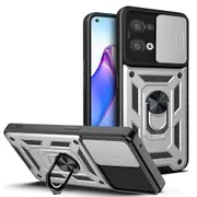 case For Oppo Reno 8 5G Slide Camera Lens Protection and Built in 360 Rotatable Ring Holder - Silver