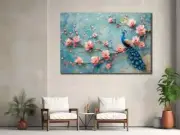 Blue & Pink Peacock Art Elegant Floral Wall Art Canvas Unframed Print Art