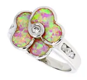 Women Sterling Silver Rhodium Plated Pink Opal Flower Ring CZ stone Accents 16mm