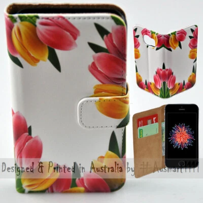 For Apple iPhone Series - Colourful Tulip Print Wallet Mobile Phone Case Cover