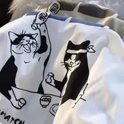 Short-Sleeve Cat Print Loose-Fit Tee White - XXL