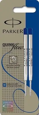 GENUINE Parker Quink Flow Medium Tip Ball Pen Refill - Blue - Blister Pack of 2