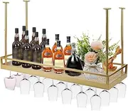 Ceiling Wine Rack, 30-60cm Height Adjustable Hanging Wine Rack Cabinet, Wine Glass Storage Rack, Wine Bottle Holder Display Rack for Home Bar Dining Room Kitchen,Gold(Size:100cm)