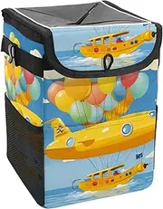 Car Trash Can with Lid and Storage Pockets Leak-Proof Organizer,Waterproof Garbage Can,Balloon and Plane Cartoon