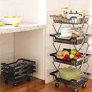 4 Tier Rolling Foldable Utility Cart, Kitchen Storage Cart on Wheels, Collapsible Metal Serving Cart for Kitchen, Outdoor Camping, Bathroom, Living Room