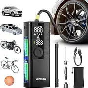 Airmoto Tire Inflator Portable Air Compressor - Air Pump for Car Tires with Tire Pressure Gauge (120 PSI) - One Click Smart Pump Tire Inflator for Car, Motorcycle, Bicycle and More