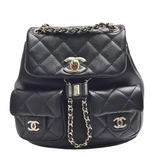 【CHANEL 香奈兒】經典雙C LOGO轉釦菱格牛皮雙口袋後背包(迷你-黑AS3787C-BLK-GP)