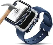 3 Pack Compatible With Apple Watch Band 38mm 40mm 41mm 42mm 44mm 45mm With Case, Women Silicone Soft Adjustable Strap with Diamond Case and Glass Screen Protector Case For iWatch Series 8 7 6 5 4 3 2 1 SE