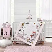 NoJo Keep Blooming Pink, White, Purple and Gold, Flowers, Fox, Bunny and Birds Keep Blooming Sweet Girl 4 Piece Nursery Crib Bedding Set - Comforter, 100% Cotton Fitted Crib Sheet, Crib Skirt