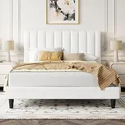 Allewie Full Platform Bed Frame/Velvet Upholstered Bed Frame with Vertical Channel Tufted Headboard/Strong Wooden Slats/Mattress Foundation/Box Spring Optional/Easy Assembly/White