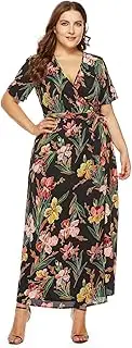 [DSNFGOER] Women's Maxi Skirtlarge Size Leopard Print Dress Long Skirt Bohemian V-Neck Beach Skirt