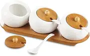 MIATTCLD 3 Pcs Porcelain Condiment Jar Set, Spice Jars with Bamboo Cap and Ceramic Serving Spoon, Wooden Tray, Used to Store Sugar, Spices, Coffee, Tea, 170 ML (5.8 OZ)