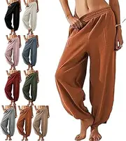 [Generic] Thneed Wrap Pants, Thneed Beach Wrap Pants, Womens Baggy Wide Leg Cotton Elastic Waisted Palazzo Harem Pant