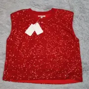Skies Are Blue Shirt Womens M Red Blouse Sleeveless Sparkly Top Evening New