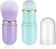 Yuanchu Retractable Kabuki Makeup Brushes, 2 Pcs Travel Makeup Brushes Blush Brushes Cute Powder Brush Foundation Brush for Liquid Foundation Pressed Powder Contouring Cream(Green+Purple)