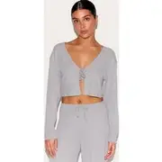 Petite Ash Grey Soft Ribbed Tie Front Top, Ash Grey