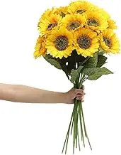 6PCS Artificial Sunflower Flowers Long Stem Silk Fake Sunflowers Decoration for Outdoor Home Birthday Party Bulk Yellow (Dark Center)