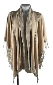 NWT - Chicos Faux Suede Crochet Fringed Tan Ruana Wrap Topper OSFA