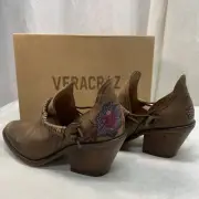 SUNDANCE VERACRUZ Women BOOTIE Sz 37 SPAIN Brown Leather ANKLE Strap Flowers NIB