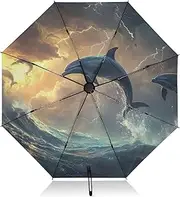 [PDZRMY] Dolphin Jump Sea UV Protection Travel Umbrella Compact for Rain and Sun - Auto Open and Close UPF 50+ Windproof Portable 46” Sun Umbrella for Women and Men