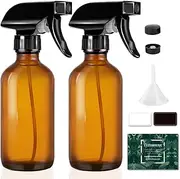 [Tecohouse] Glass Spray Bottle 250ml for Cleaning Product and Esssential Oil, Amber Empty Refillable Sprayer Container with Labels, Funnel, Lids, Graduated Pipettes - Handheld Size