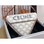 二手 CELINE TRIANGLE BAG 三角包 195902白色老花 凱旋門 標誌印花 帆布翻蓋包 單肩包 斜挎包