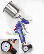 1.7mm Air HVLP Gravity Feed Spray Paint Gun W/ Gauge Regulator & 600cc Fluid Cup