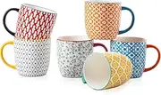 Cerkik Ceramic Coffee Mugs Set - 10 Oz Large Porcelain Tea Cups with Handle for Cappuccino Latte Cocoa Milk Tea - Christmas Housewarming Gift - Microwave Dishwasher Safe - Set of 6 - Assorted Colors