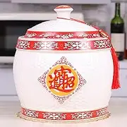 Sions Chinese Retro Ceramic Rice Bucket, Grain Dispenser, Food Storage Container with Lid, Sealed Rice Storage Jar, Suitable for Rice Noodles, Snacks,12.5kg