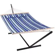 Atesun Hammock 12' Polyester Blue Stripes w/ Portable Stand + Detachable Pillow