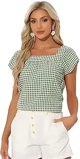 [Allegra K] Women's Summer Tops with Checked Pattern Square Neck Checked Sleeveless Blouses, Green/White, S