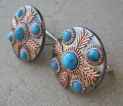 Feathered Turquoise Concho Browband Loop Back Rosette Set of 2