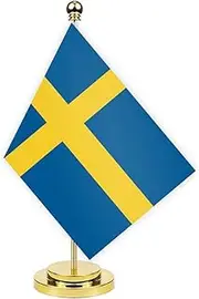 Sweden Desk Flag,12 inch Tall Small Swedes Indoor Banner,Tiny Printing Decor For Office Home Table Meeting With Golden Metal Pole Base