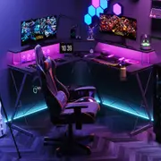 Advwin L Shaped Gaming Desk with LED Lights & Power Outlets Computer Corner Desk with Monitor Stand Black