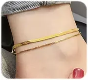 [HaHaGirl] Stainless Steel Gold Plate Chain Anklet for Women MultiLayer Link Bracelet Jewelry Adjustable Anklet for Summer Beach