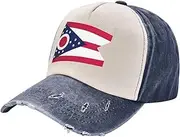 [YANYU] Ohio State Flag Print Fashion Washed Distressed Baseball Cap Vintage Adjustable Hat with Classic Brim, Navy Blue, One Size