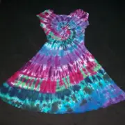 Tie Dye Woman's Twist Front Dress Medium Peacock Spiral Cap Sleeve Tye Dyed
