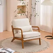 Karl home Accent Chair Mid-Century Modern Chair with Pillow Linen Fabric Upholstered Lounge Arm Chair with Solid Wood Frame & Soft Cushion for Living Room, Bedroom, Balcony, Beige