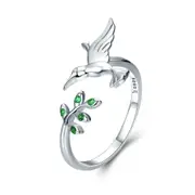 Silver plating Bird & Spring Tree Leaves Open Size Finger Rings for Women Jewelry