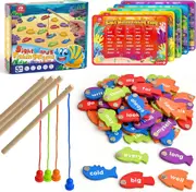 Wooden Magnetic Fishing Sight Words Game Learning, Dolch Word Flashcards Montessori Educational Toy for Preschool 3 4 5 Year Old Kids