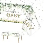 Tevxj 1 Piece Sage Greenery Oh Baby Tablecloths for Shower Party Decorations Plastic Disposable Gold Foil Eucalyptus Leaf Jungle Theme Table Covers Rectangle Boho Woodland Supplies,Green,54'' x 108''