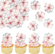 60 Pack Edible Flowers Cake Decorations Edible Cherry Blossoms Cupcake Toppers Wafer Paper Flowers Cupcake Topper for Baby Shower Kids Birthday Wedding Flowers Party Decorations Supplies