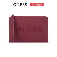 在飛比找momo購物網優惠-【GUESS】簡約素色LOGO拉鍊手拿包(酒紅)